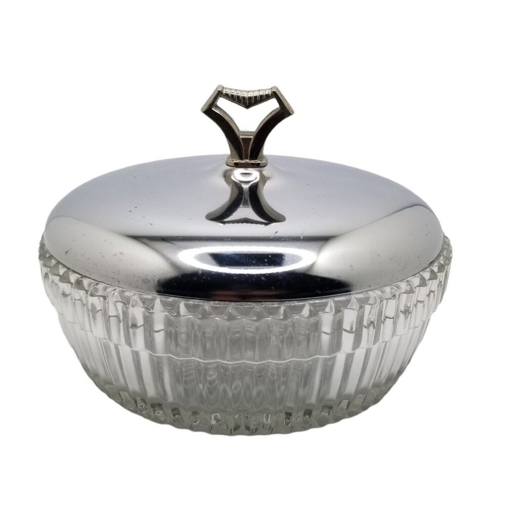 Vintage Trinket Dish with Lid Covered Etched Glass Metal Cover Nut Candy Retro